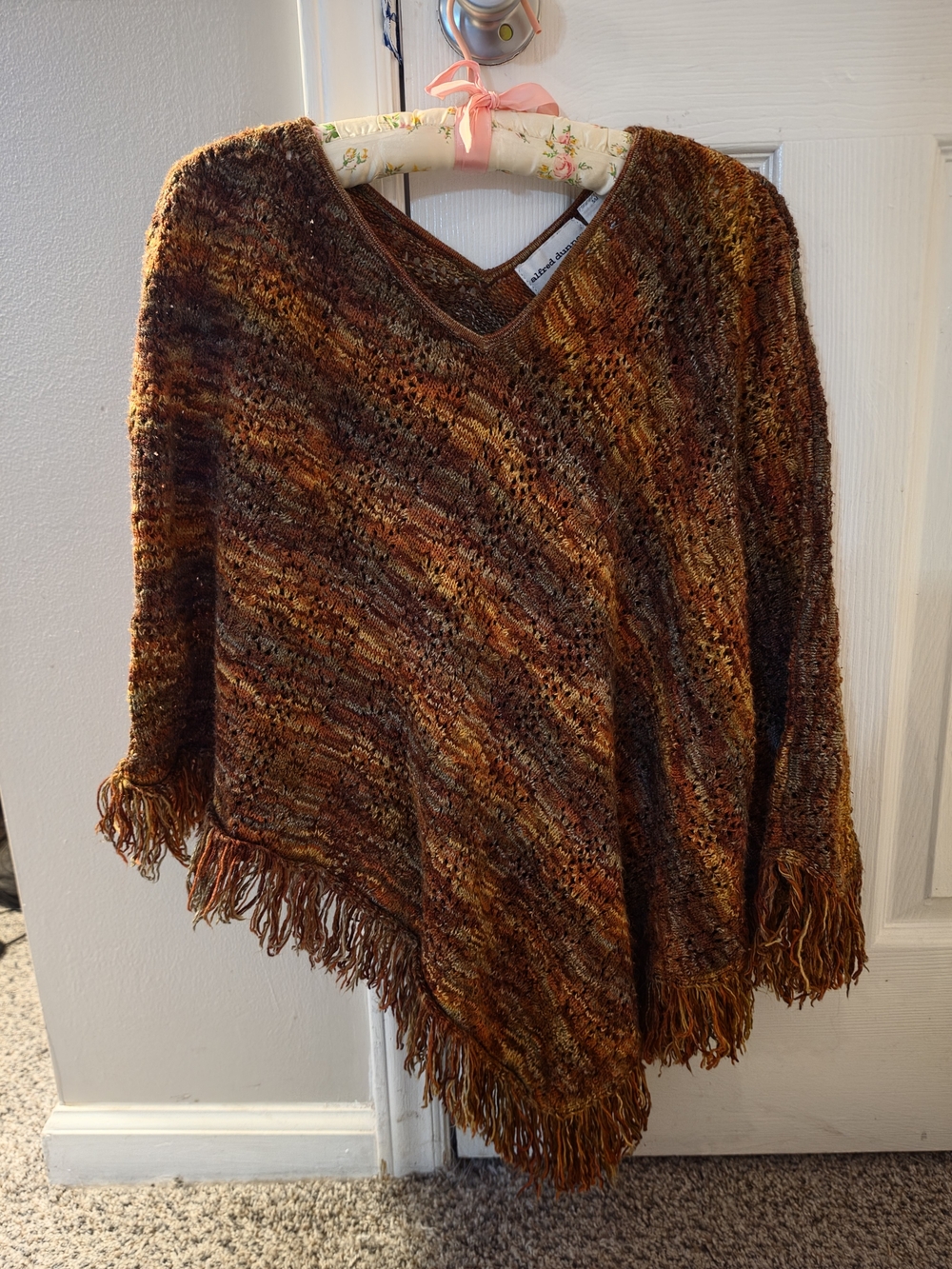 Alfred Dunner Multitone Brown & Rust V-Neck Fringe Poncho